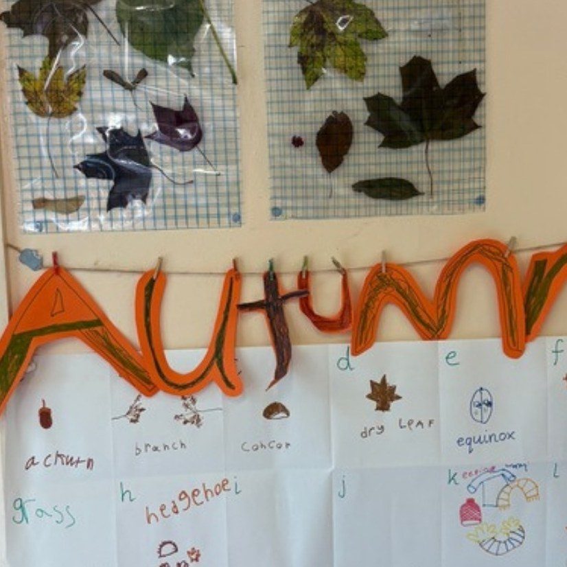 Our autumn word wall with pressed leaves