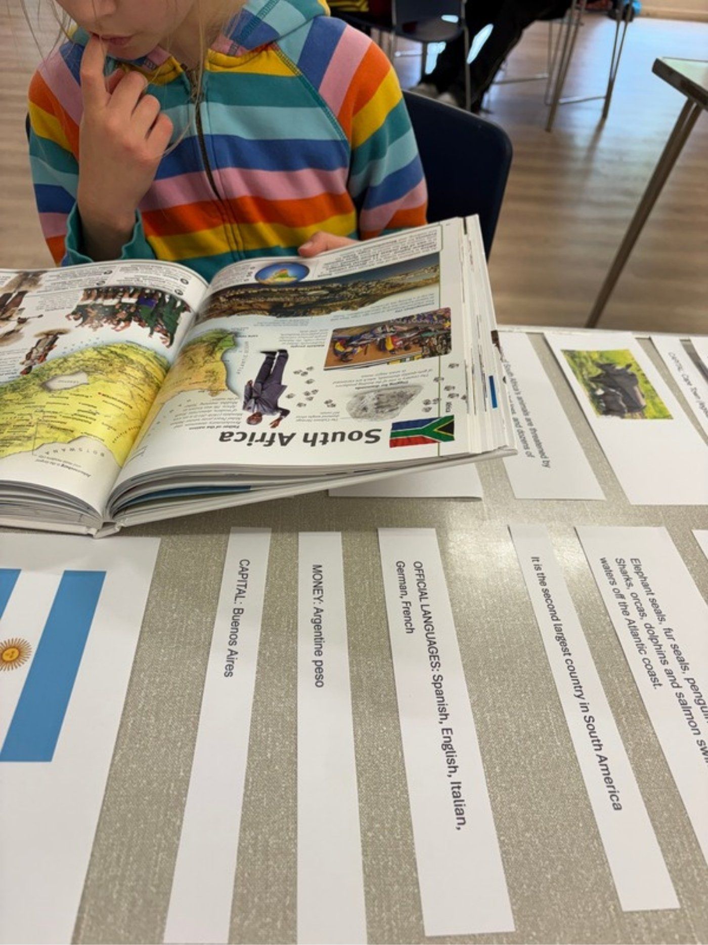 A child researching South Africa and Argentina in an atlas